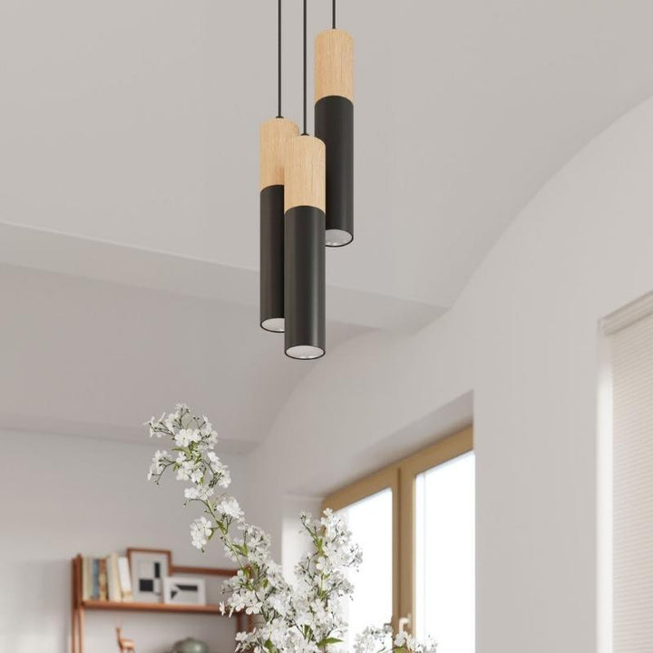 Suspension 3 Lampes Élégante pour Ampoules GU10 Noir et Or