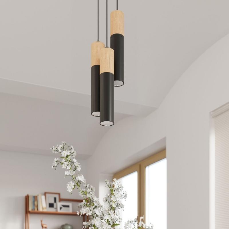 Suspension 3 Lampes Élégante pour Ampoules GU10 Noir et Or