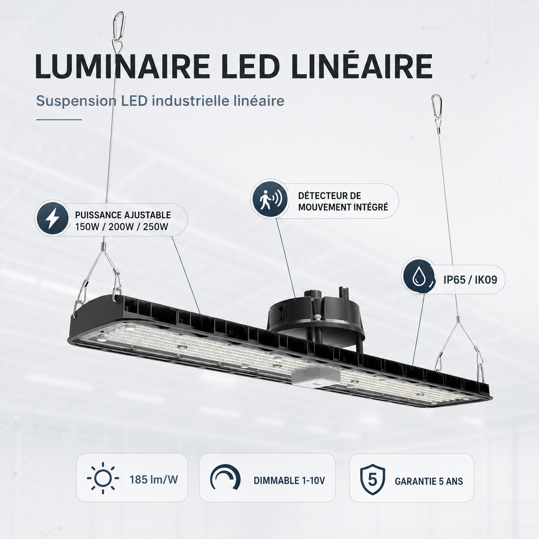 Suspension LED industrielle linéaire 150W/200W/250W 185lm/w avec Détecteur de Mouvement - Garantie 5 ans