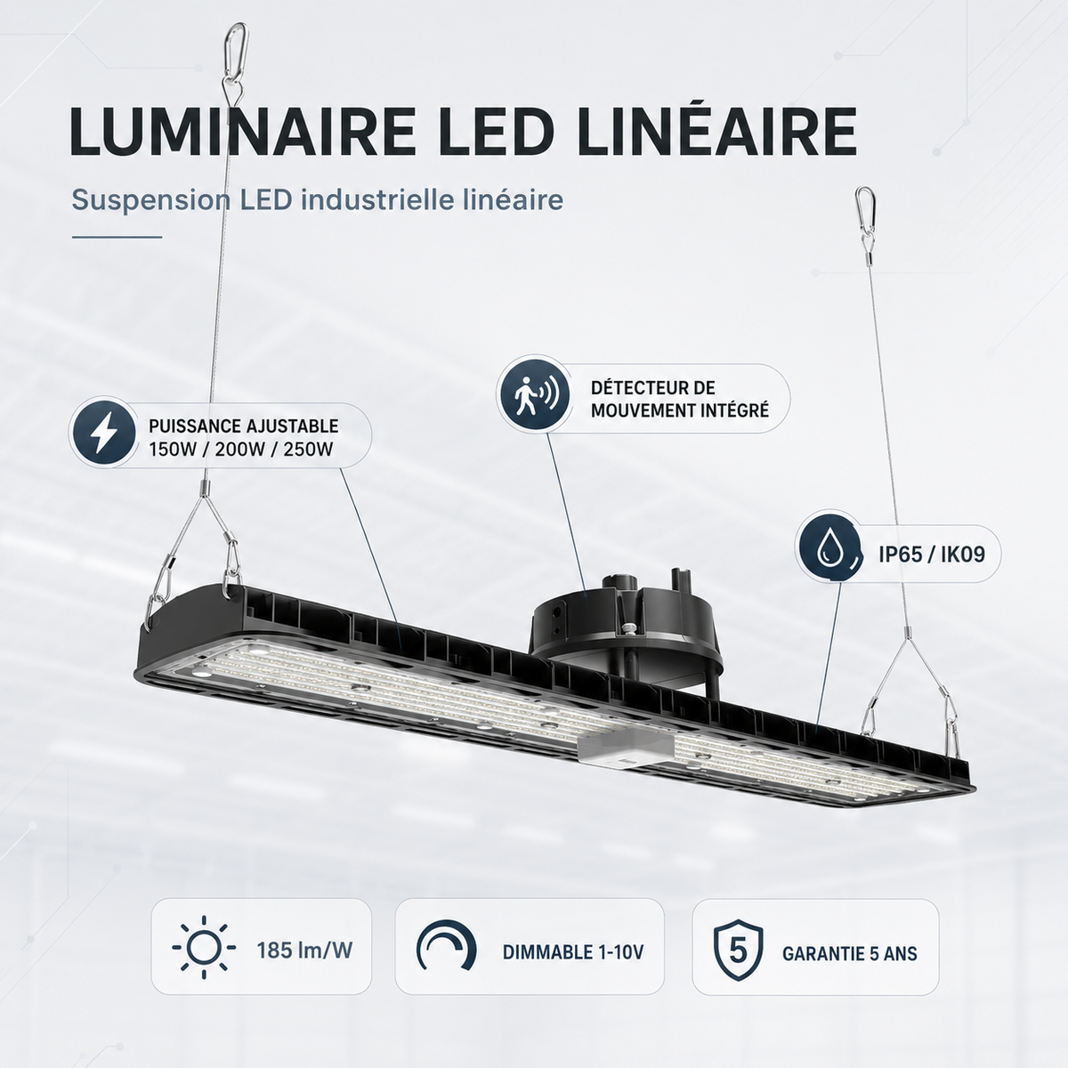 Suspension LED industrielle linéaire 150W/200W/250W 185lm/w avec Détecteur de Mouvement - Garantie 5 ans