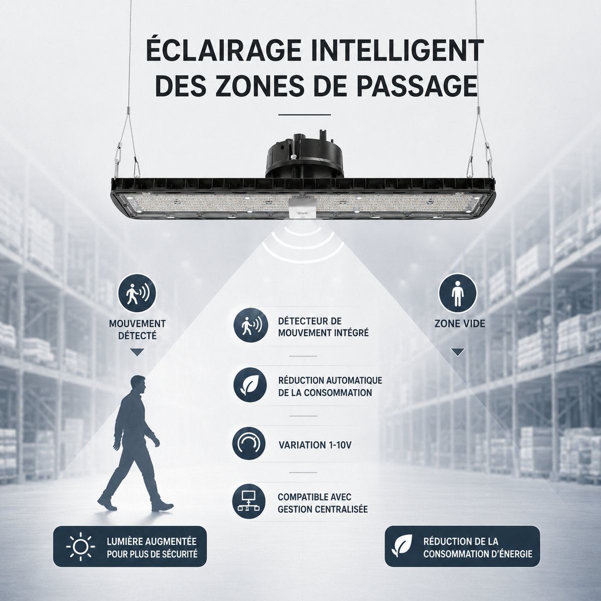 Suspension LED industrielle linéaire 150W/200W/250W 185lm/w avec Détecteur de Mouvement - Garantie 5 ans