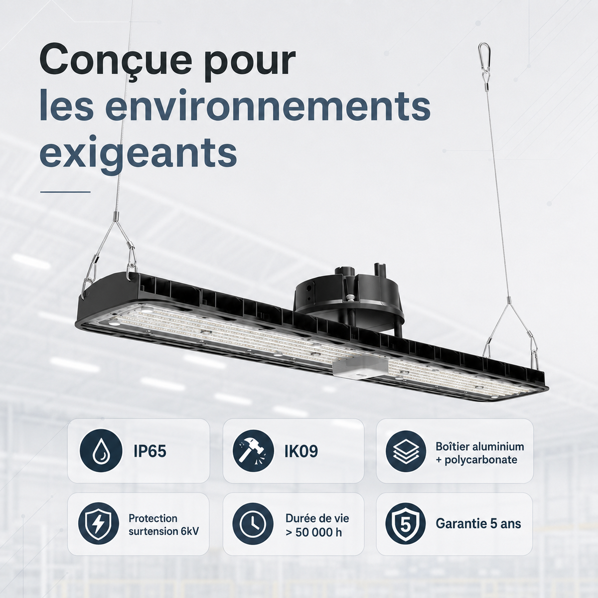 Suspension LED industrielle linéaire 150W/200W/250W 185lm/w avec Détecteur de Mouvement - Garantie 5 ans