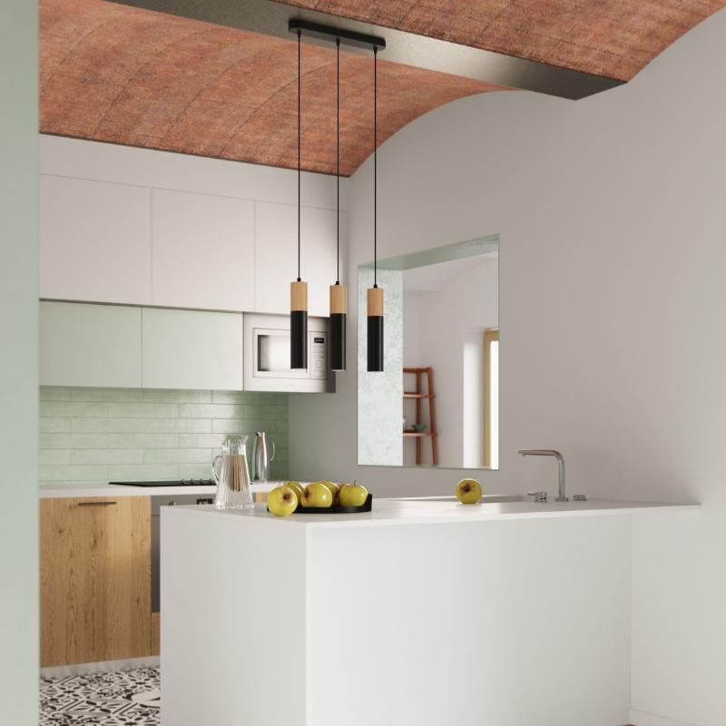 Suspension 3 Lampes Bois et Noir pour Ampoules GU10
