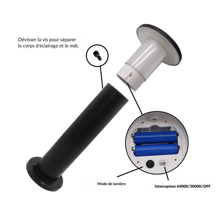 Borne de Jardin Solaire 60cm Noire 3000K/6400K