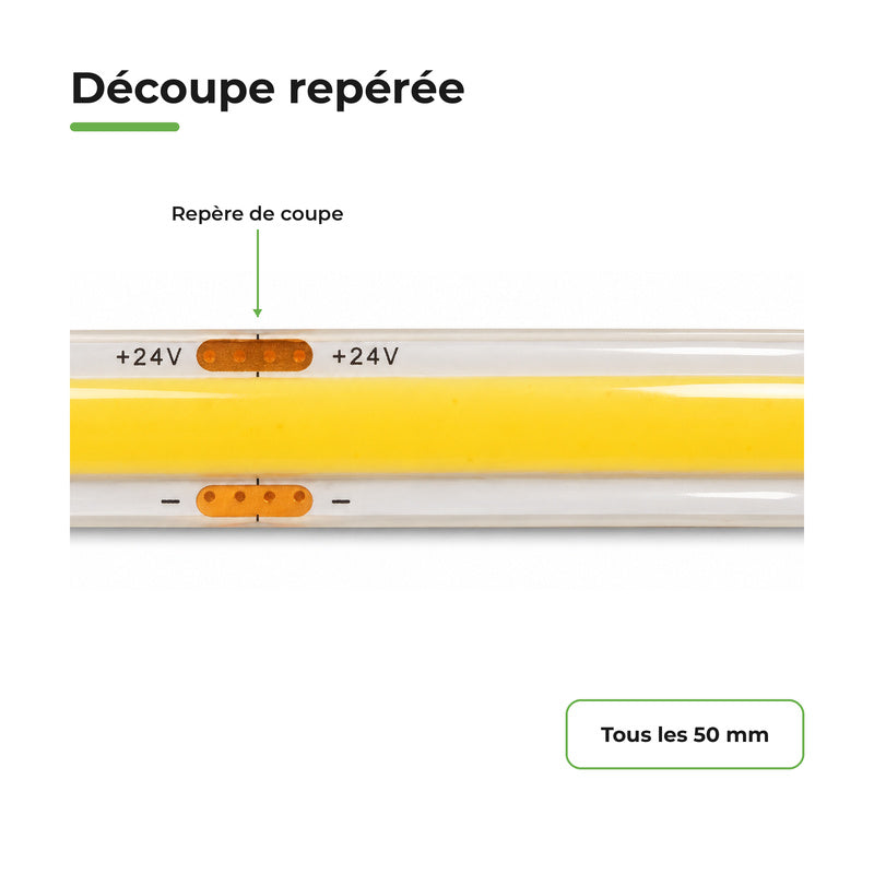 Ruban LED COB 5M 24V IP65 480LED/m 10W/m CRI90