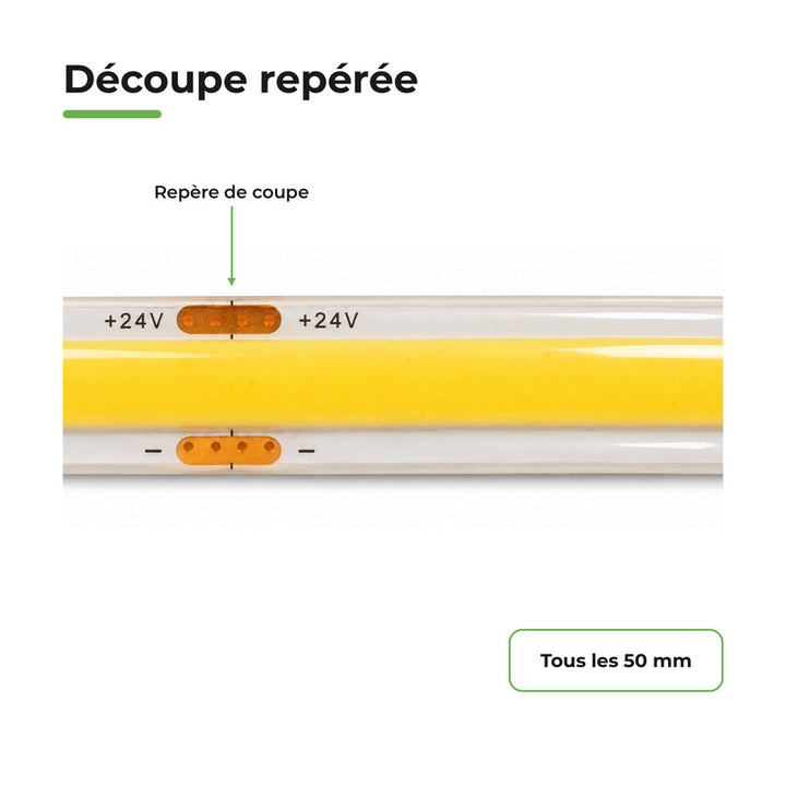 Ruban LED COB 5M 24V IP65 480LED/m 10W/m CRI90