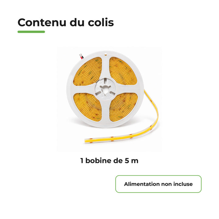 Ruban LED COB 5M 24V IP65 480LED/m 10W/m CRI90