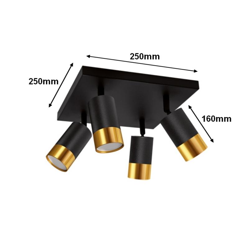 Plafonnier 4 Spots Orientables Carré Noir et Or pour Ampoule GU10