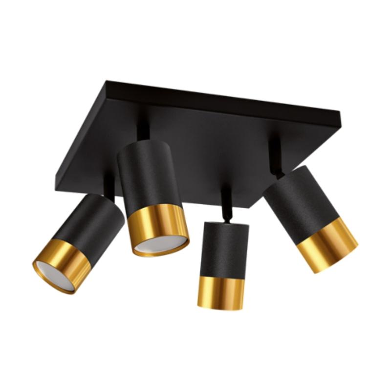 Plafonnier 4 Spots Orientables Carré Noir et Or pour Ampoule GU10