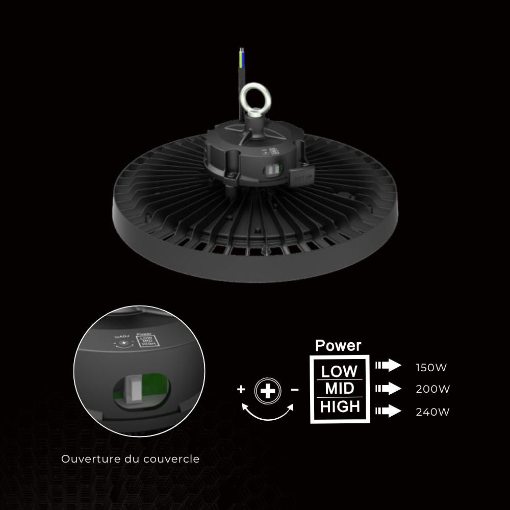 Suspension Industrielle UFO 150/200/240W 187lm/W avec détecteur de mouvement inclus
