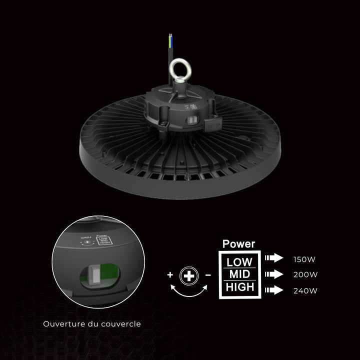 Suspension Industrielle UFO 150/200/240W 187lm/W avec détecteur de mouvement inclus
