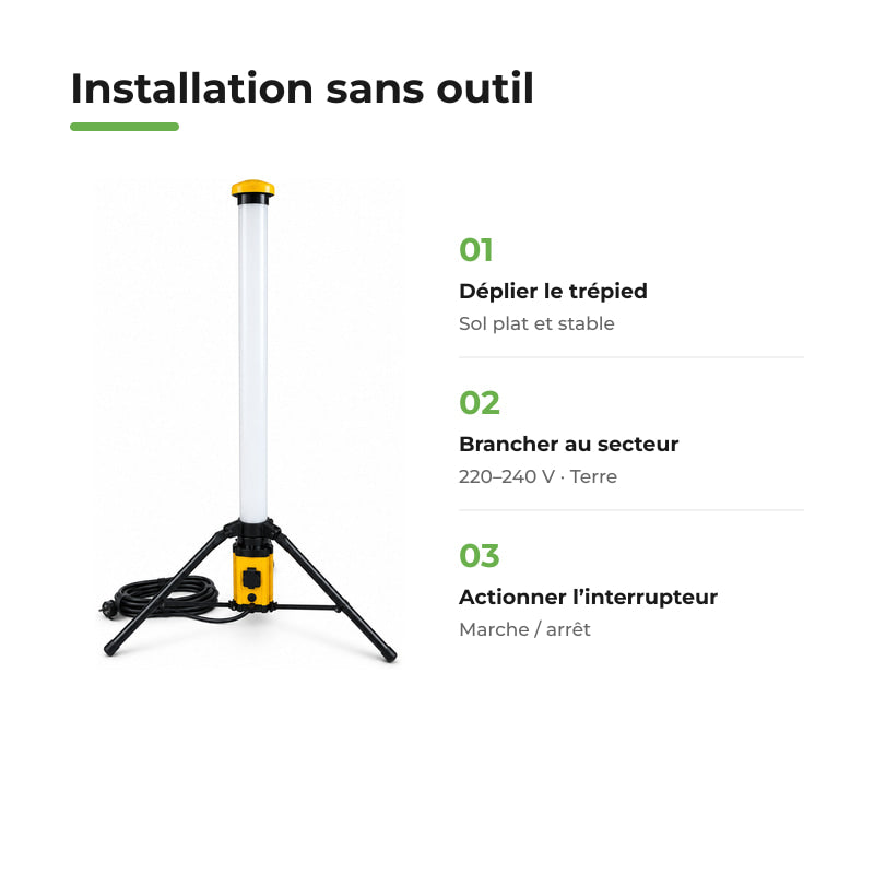 Tour Lumineuse LED 100W 360° IP54 sur Trépied pour Chantier