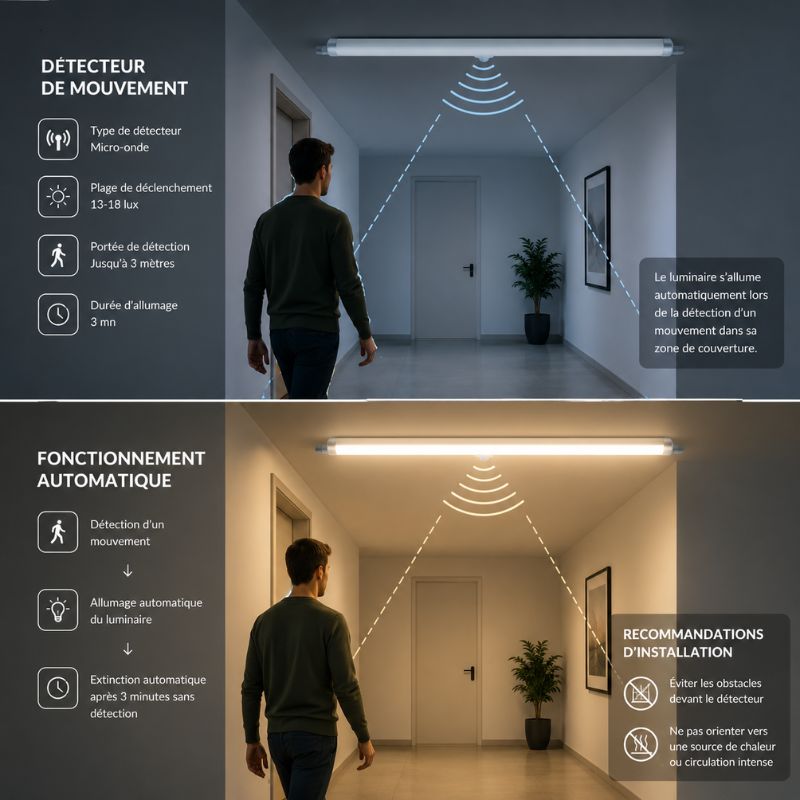 Réglette LED étanche avec détecteur de mouvement et lumière IP65 36W 110lm/w