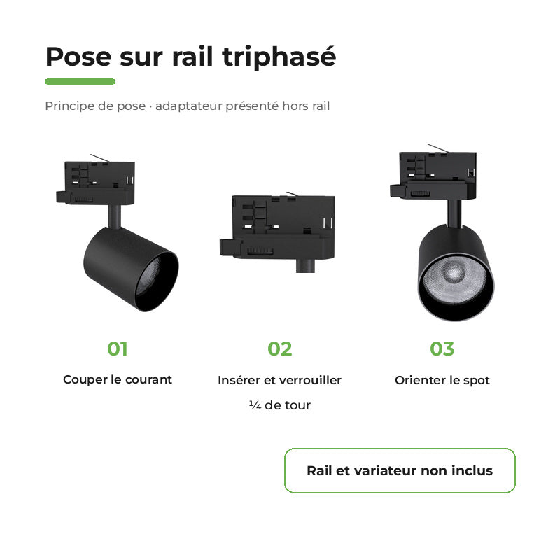 Pack 10 Spot LED sur Rail Triphasé 24W Dimmable TRIAC 36° Noir