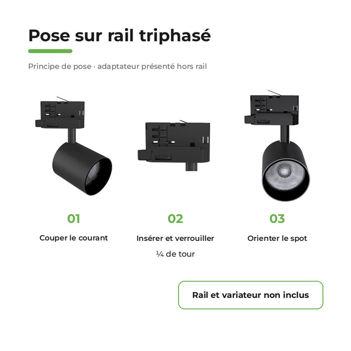 Pack 10 Spot LED sur Rail Triphasé 24W Dimmable TRIAC 36° Noir