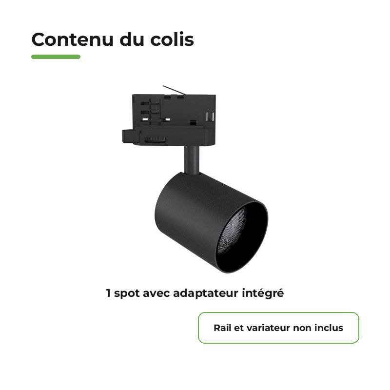Spot LED sur Rail Noir Triphasé 24W 36° TRIAC Dimmable
