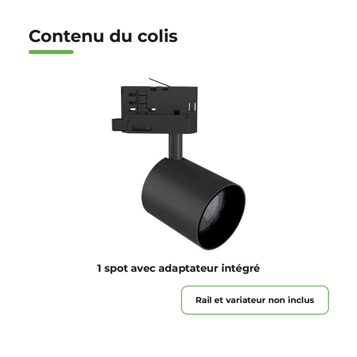 Spot LED sur Rail Noir Triphasé 24W 36° TRIAC Dimmable