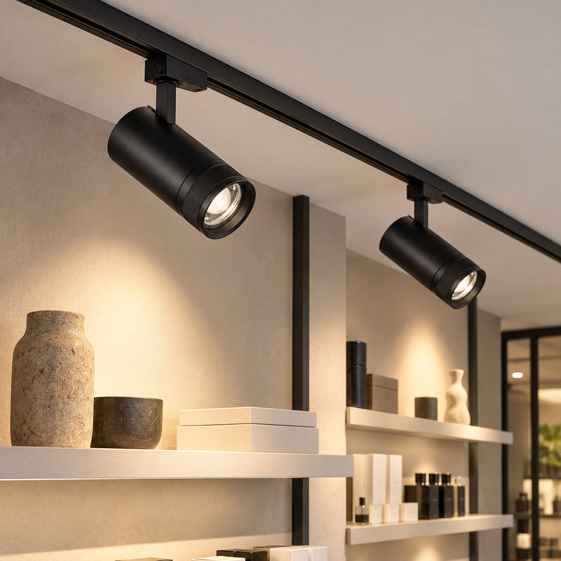 Spot LED em Trilho Preto Ângulo Ajustável Trifásico 30W 15-60° CCT TRIAC Dimmable