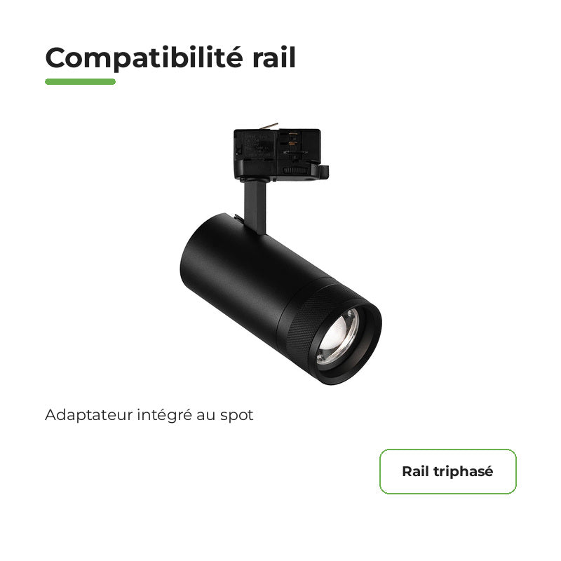 Pack 10 Spot LED sur Rail Angle Ajustable Triphasé 30W 15-60° 3CCT TRIAC Dimmable Noir