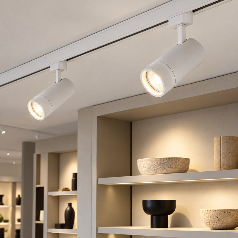 Spot LED sur Rail Blanc Angle Ajustable Triphasé 30W 15-60° CCT TRIAC Dimmable - 3000K/4000K/6000K