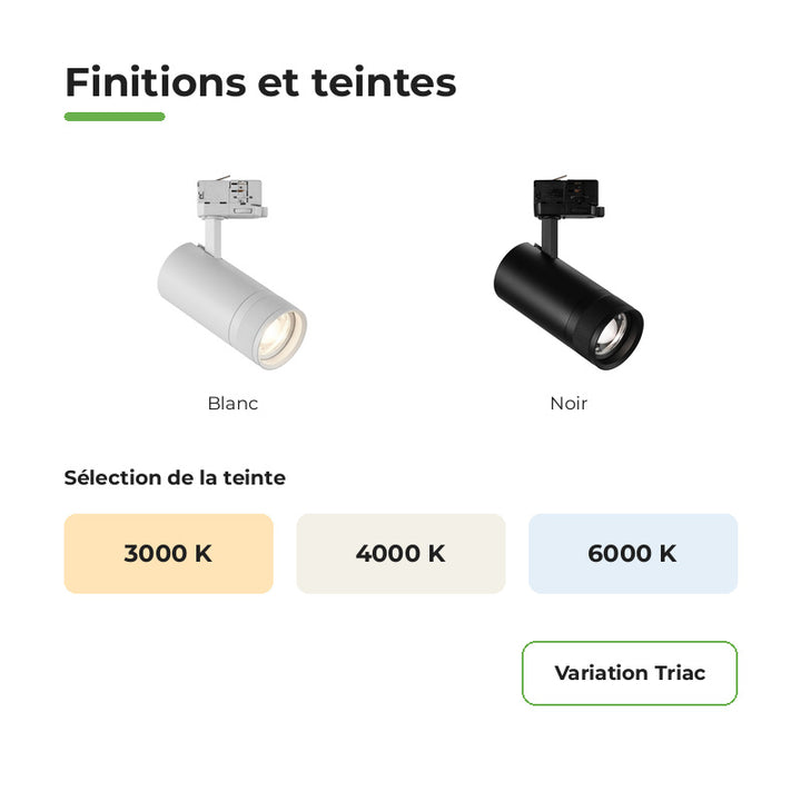 Pack 10 Spot LED sur Rail Angle Ajustable Triphasé 30W 15-60° 3CCT TRIAC Dimmable Blanc