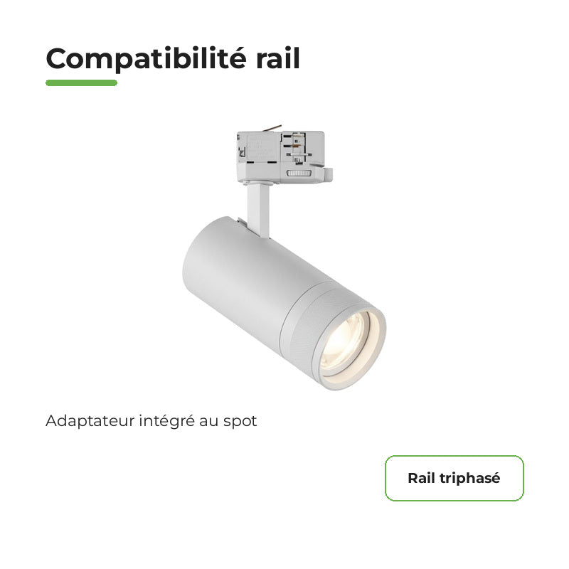 Pack 10 Spot LED sur Rail Angle Ajustable Triphasé 30W 15-60° 3CCT TRIAC Dimmable Blanc