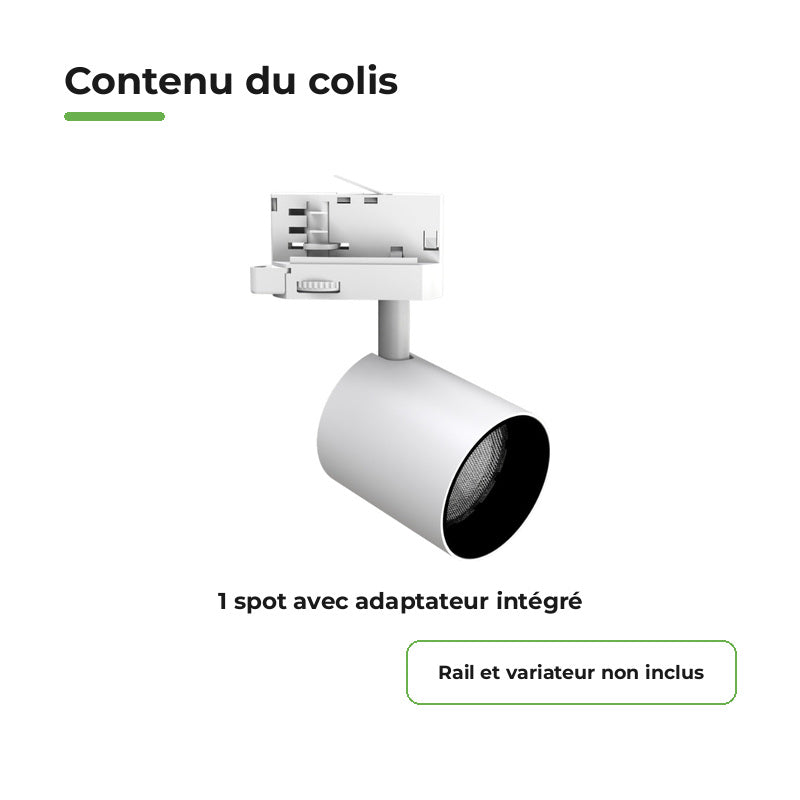Spot LED sur Rail Blanc Triphasé 24W 36° TRIAC Dimmable