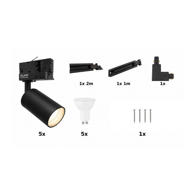 Contenu du kit rail LED triphasé en L noir 300 cm avec 5 spots GU10