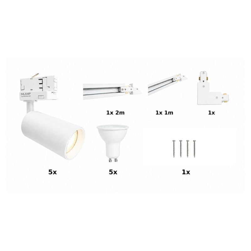 Contenu du kit rail LED triphasé en L blanc 300 cm avec 5 spots GU10