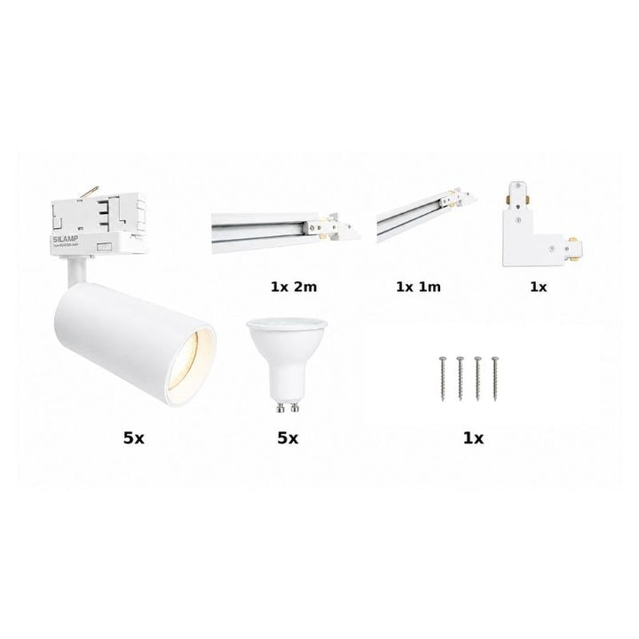 Contenu du kit rail LED triphasé en L blanc 300 cm avec 5 spots GU10