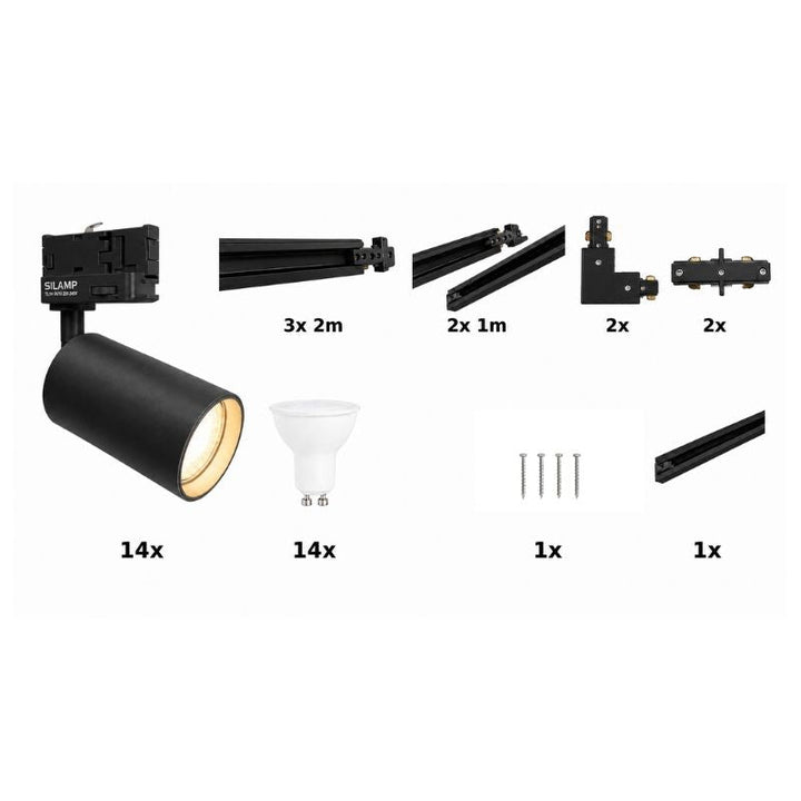 Contenu du kit rail LED triphasé en U noir 800 cm avec 14 spots GU10
