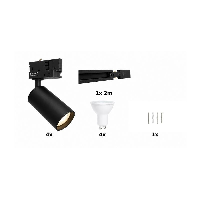 Contenu du kit rail LED triphasé noir 200 cm avec 4 spots GU10