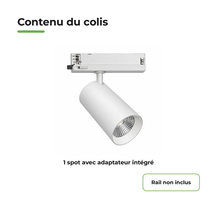 Spot LED sur Rail COB Triphasé 30W 36° Blanc - Garantie 5 ans