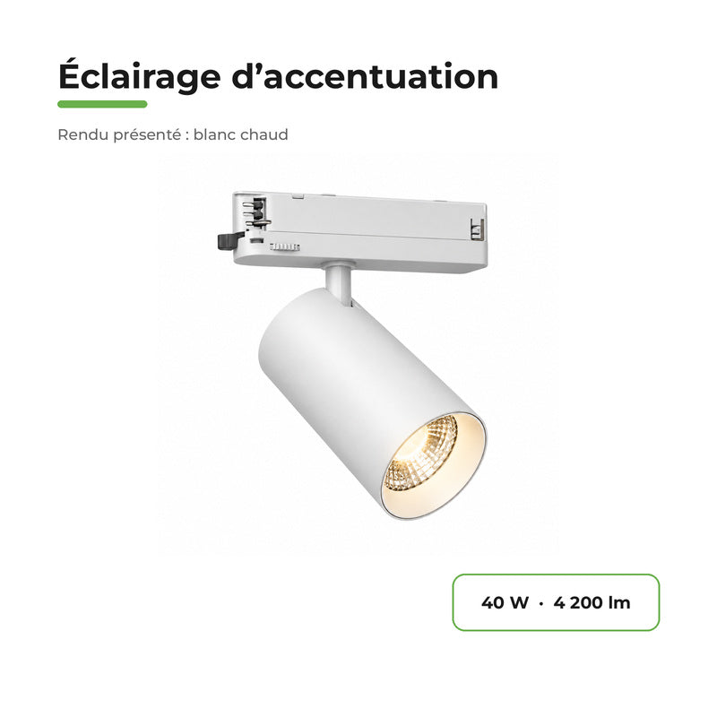 Spot LED sur Rail COB Triphasé 40W 36° Blanc