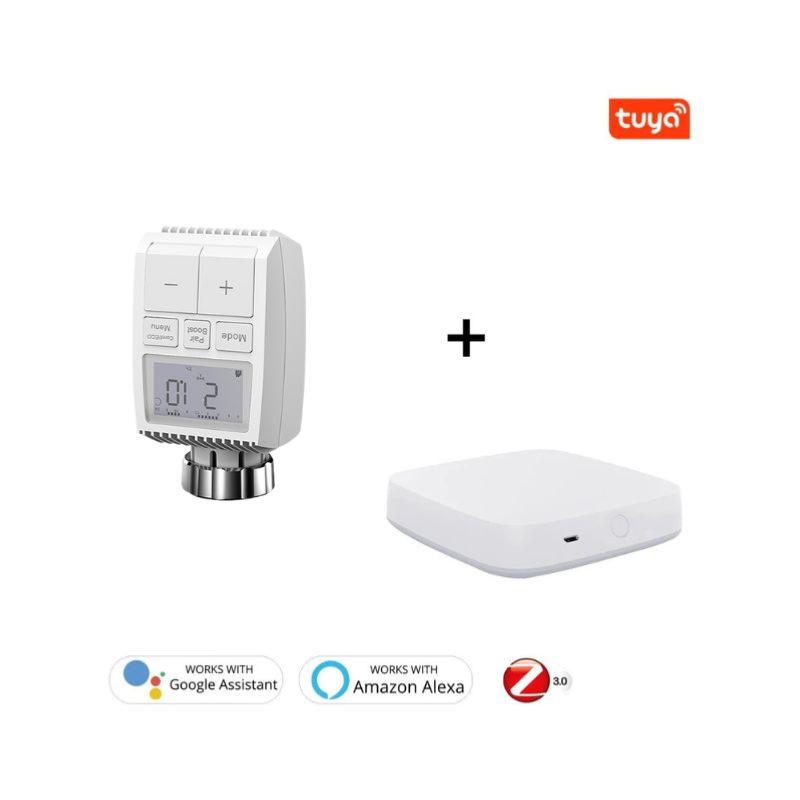 Kit de Têtes Thermostatiques Connectées Universelle avec Ecran LCD + Passerelle ZigBee (Kit 4 têtes + 1 passerelle)