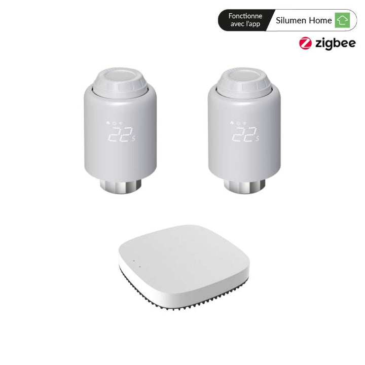 Kit de Têtes Thermostatiques Connectées Universelle + Passerelle ZigBee (Kit 2 têtes + 1 passerelle)