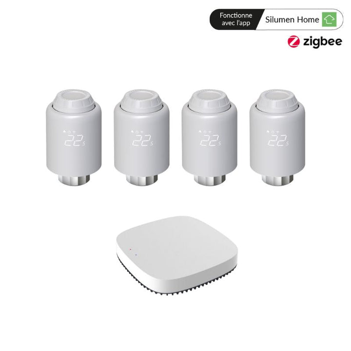 Kit de Têtes Thermostatiques Connectées Universelle + Passerelle ZigBee (Kit 4 têtes + 1 passerelle)