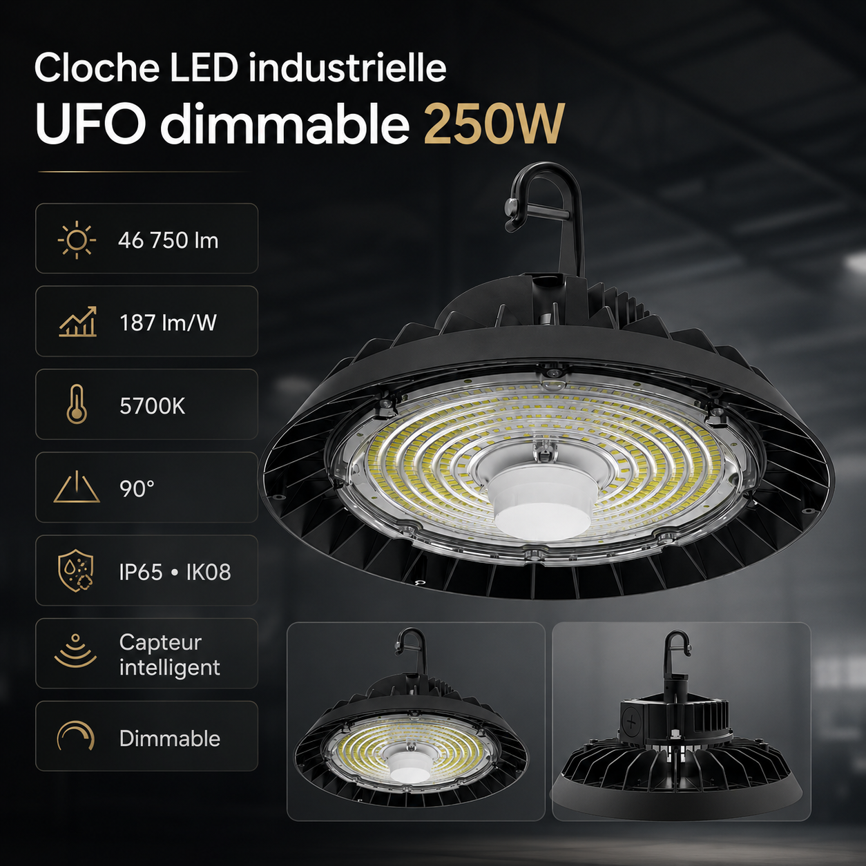 Suspension LED Industrielle UFO Dimmable 150W-200W-250W 187lm/W avec détecteur de mouvement - Garantie 5 ans