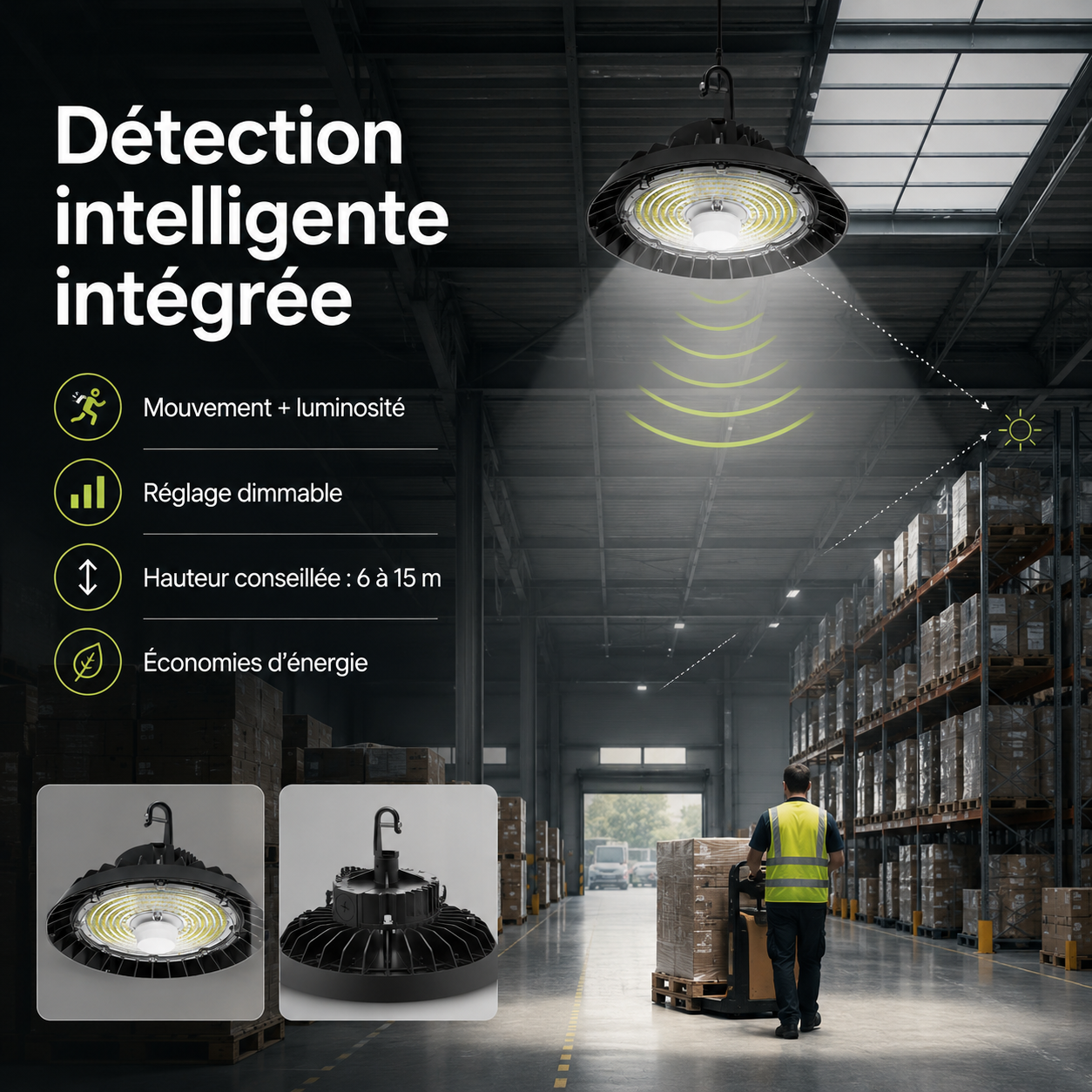 Suspension LED Industrielle UFO Dimmable 150W-200W-250W 187lm/W avec détecteur de mouvement - Garantie 5 ans