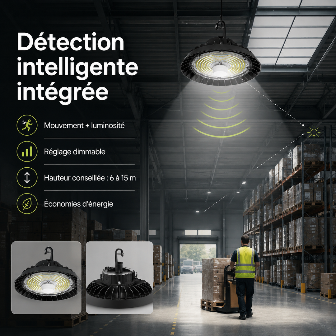 Supension Industrielle UFO IP65 Dimmable 150W-200W-250W 187lm/W avec détecteur de mouvement