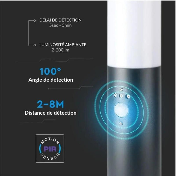 Borne de Jardin Acier Inoxydable avec Détecteur 45cm Noir pour Ampoule E27 IP44