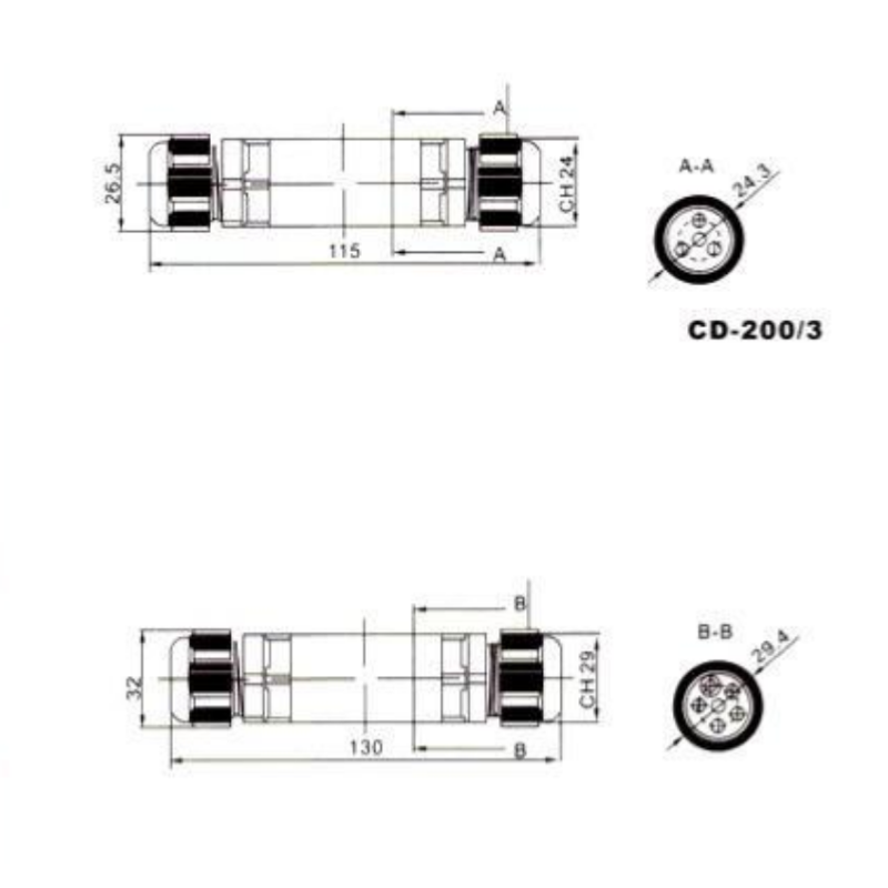 Conector lineal 1 Salida impermeable IP68 Negro