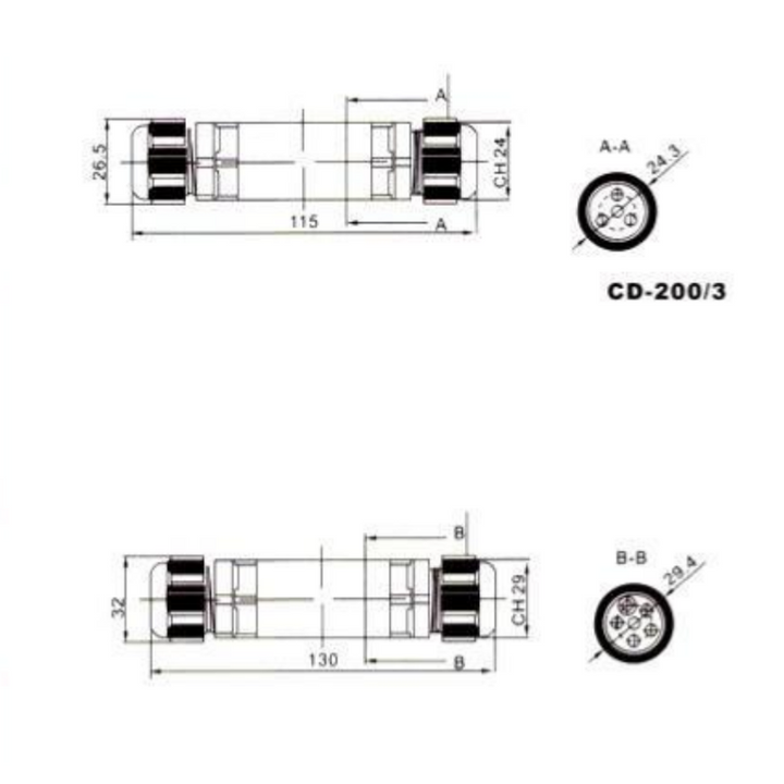 Conector lineal 1 Salida impermeable IP68 Negro