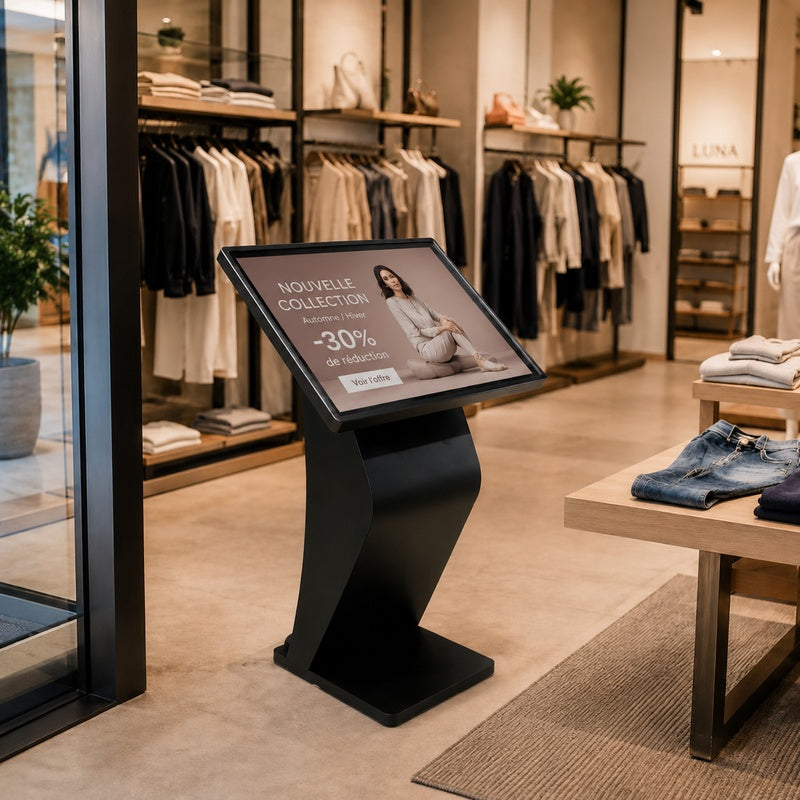 Écran Publicitaire Tactile 43" Horizontal Forme K Android 2K sur Pied - Commerces et Restaurants