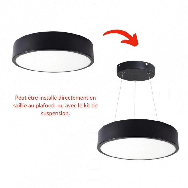 Kit Plafonnier LED 18W 25cm Noir avec Kit de Suspension