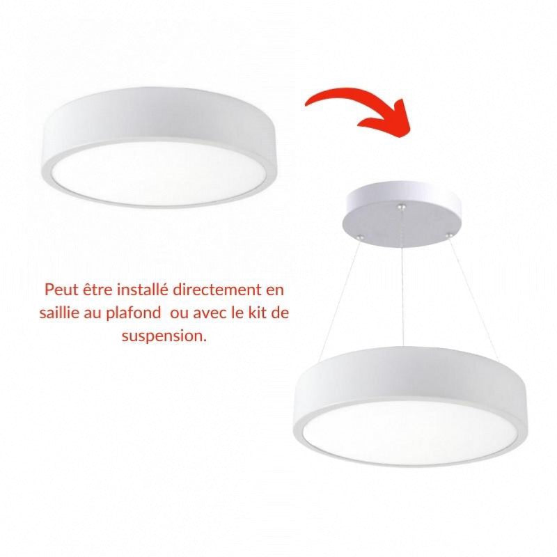 Kit Plafonnier LED 18W 25cm Blanc avec Kit de Suspension