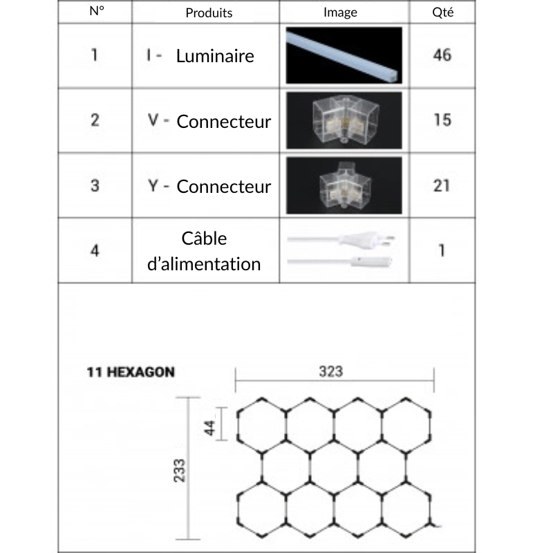 Kit 11 éclairages LED Hexagonal 385W - 120lm/W