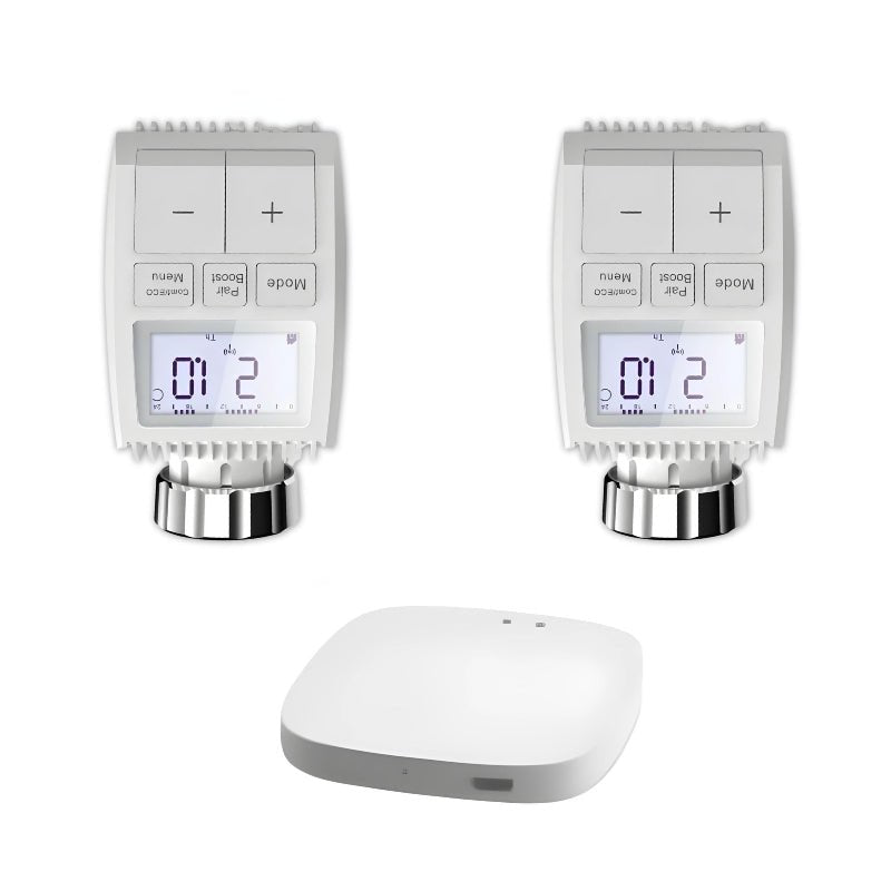 Kit de Têtes Thermostatiques Connectées Universelle avec Ecran LCD + Passerelle ZigBee (Kit 4 têtes + 1 passerelle)
