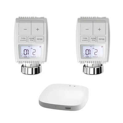 Kit de Têtes Thermostatiques Connectées Universelle avec Ecran LCD + Passerelle ZigBee (Kit 2 têtes + 1 passerelle)