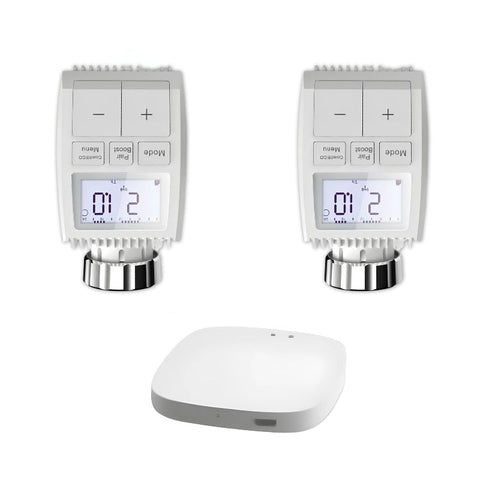 Kit de Têtes Thermostatiques Connectées Universelle avec Ecran LCD + Passerelle ZigBee (Kit 2 têtes + 1 passerelle)